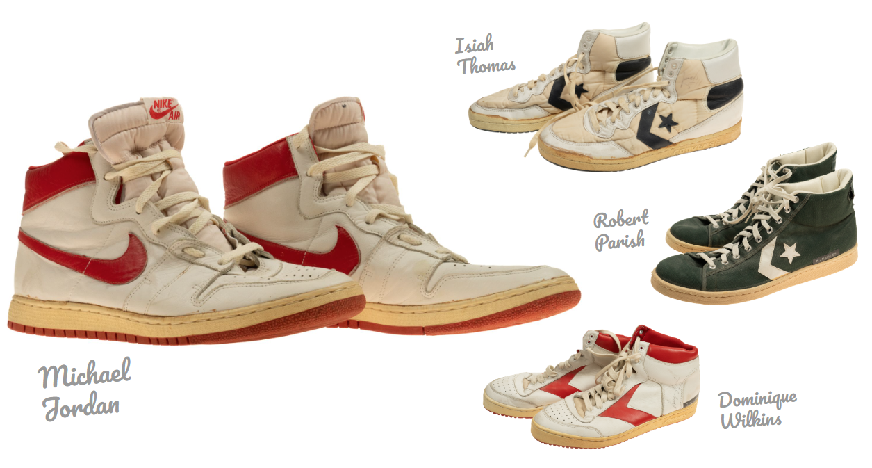 Game-worn sneakers from Hall of Famers Michael Jordan (Lot 4), Isiah Thomas (Lot 3230), Robert Parish (Lot 3227) and Dominique Wilkins (Lot 3229) are among 22 pairs from Edelmann's collection in REA's Spring Auction